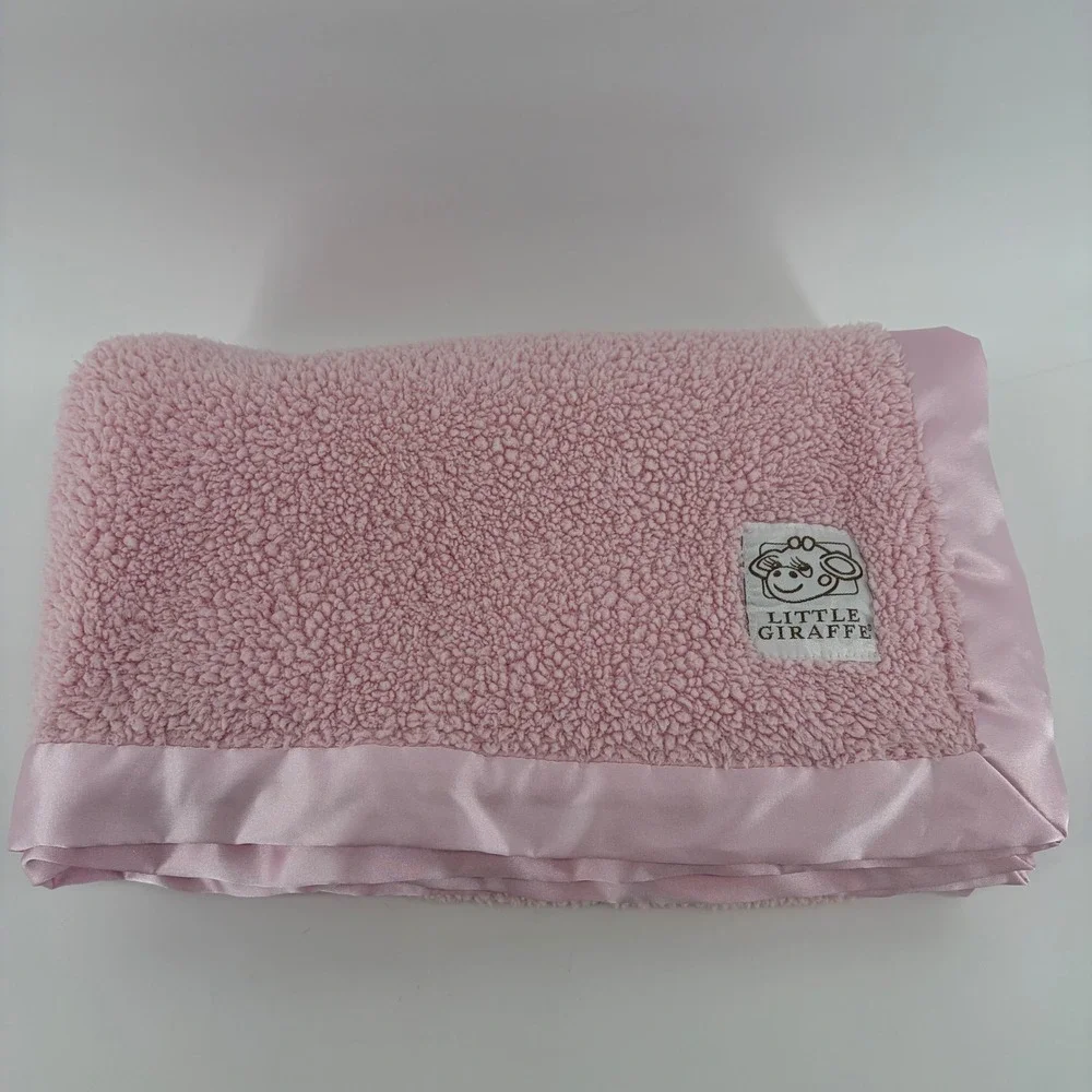 Little Giraffe Chenille Baby Blanket Pink Satin Ruffle Border Plush Crib Wrap 30